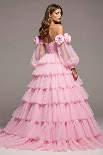 Pink Tulle Floral A Line Long Prom Dress with Ruffles